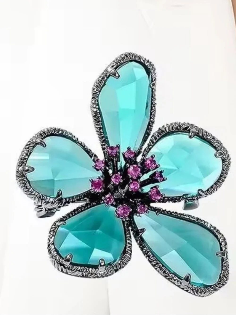 New! Turquoise & Magenta Crystal Flower Brooch  Statement Pin • NWOT